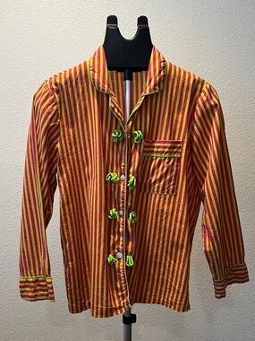 Maria de la Orden Striped Button‑Down Shirt Pink & Green – Parisian Chic Size M
